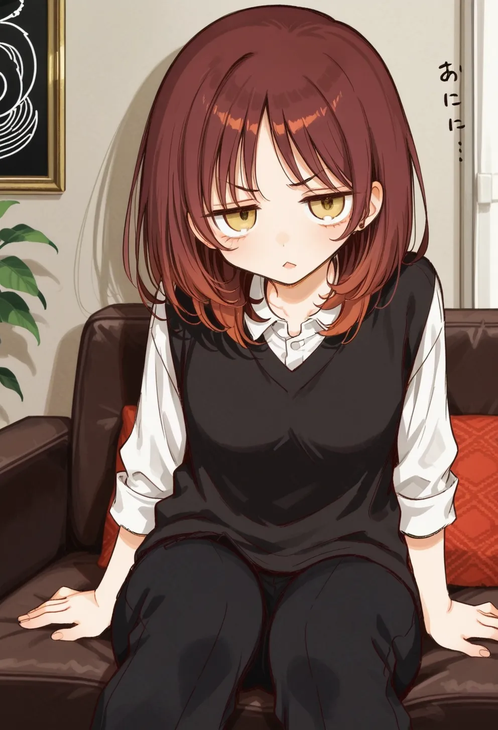 01100-_lora_reni_ILL_1_ ootsuka reni, reni,_1girl, looking at viewer, jitome,yellow eyes, _sitting,leaning back,sweater vest, collared-2882915232.webp